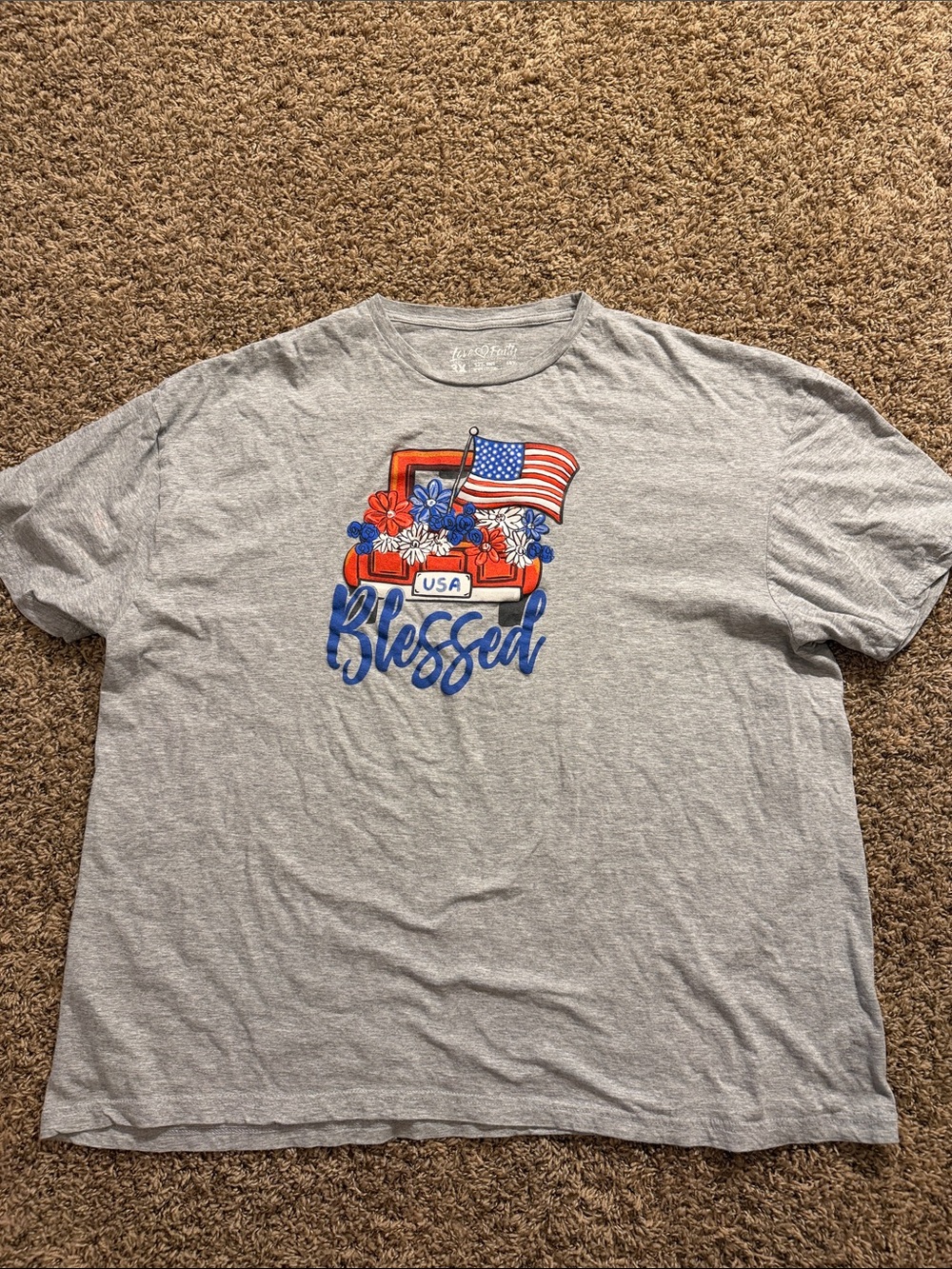 Gray 'Blessed' Short Sleeve Graphic Tee with USA Flag